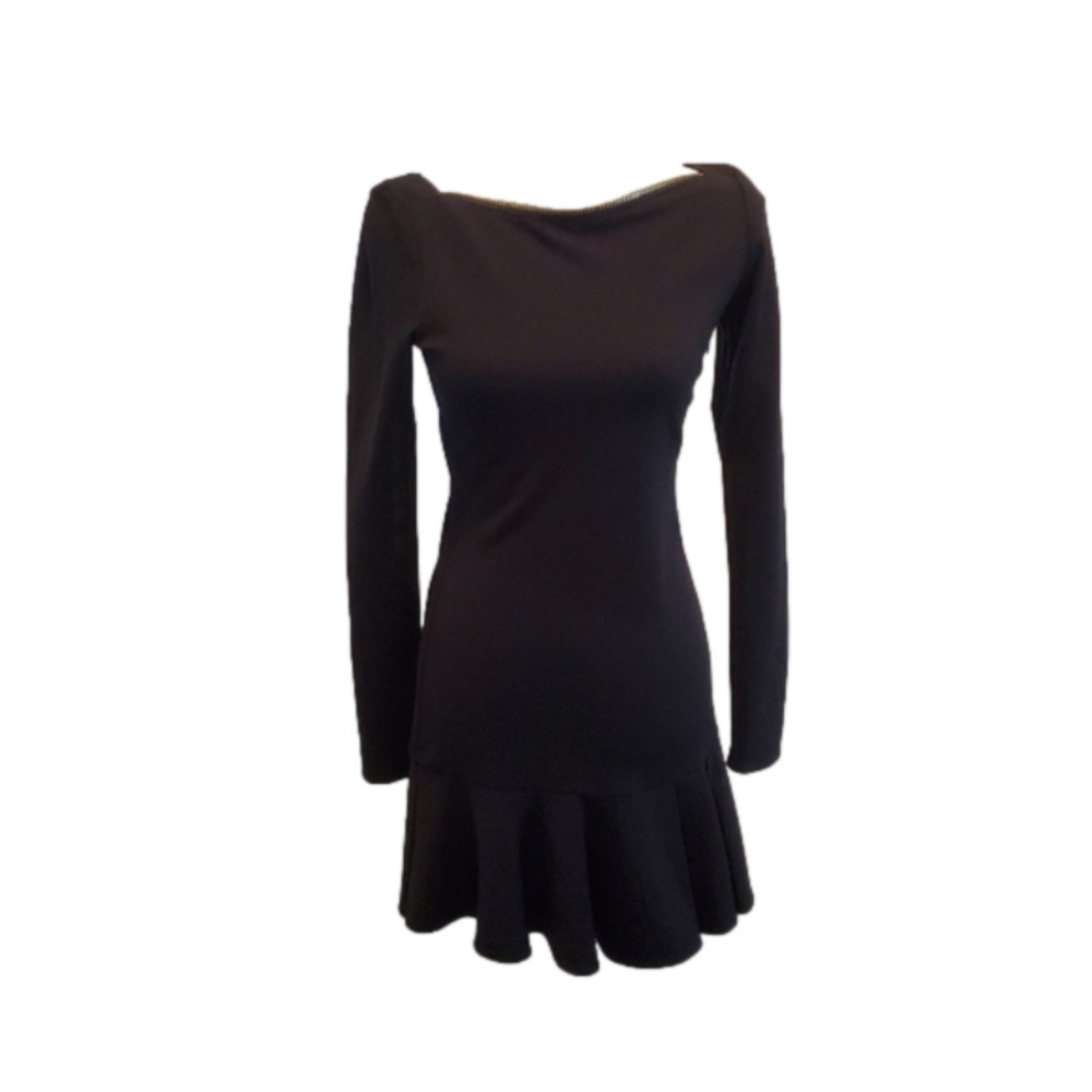 RACHEL Zoe Dropped Waist Dress Womens XS Black Zippered Boat Neck Ruffle Hem